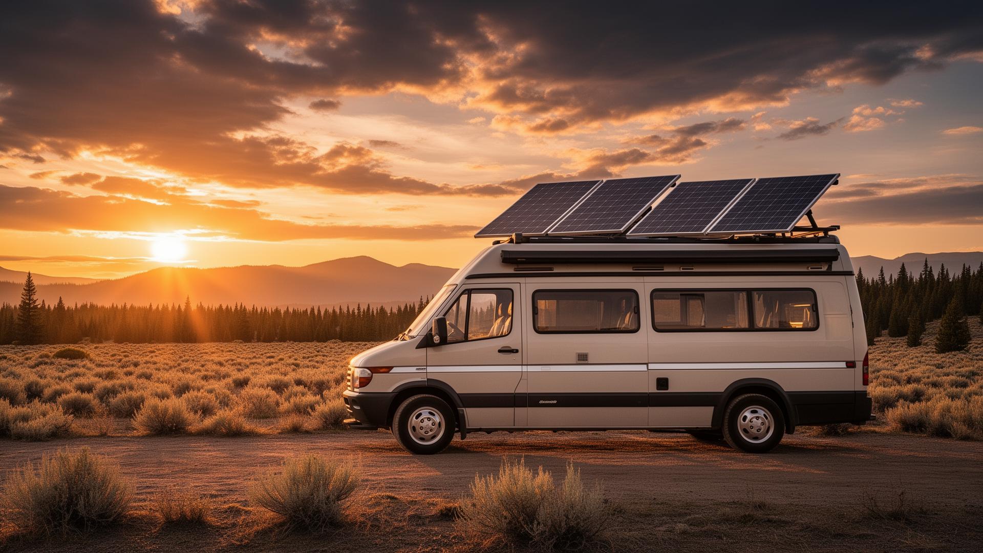 Camper van with solar panels at sunset