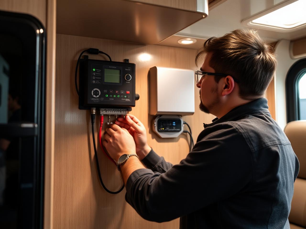 Technician installing a solar charge controller