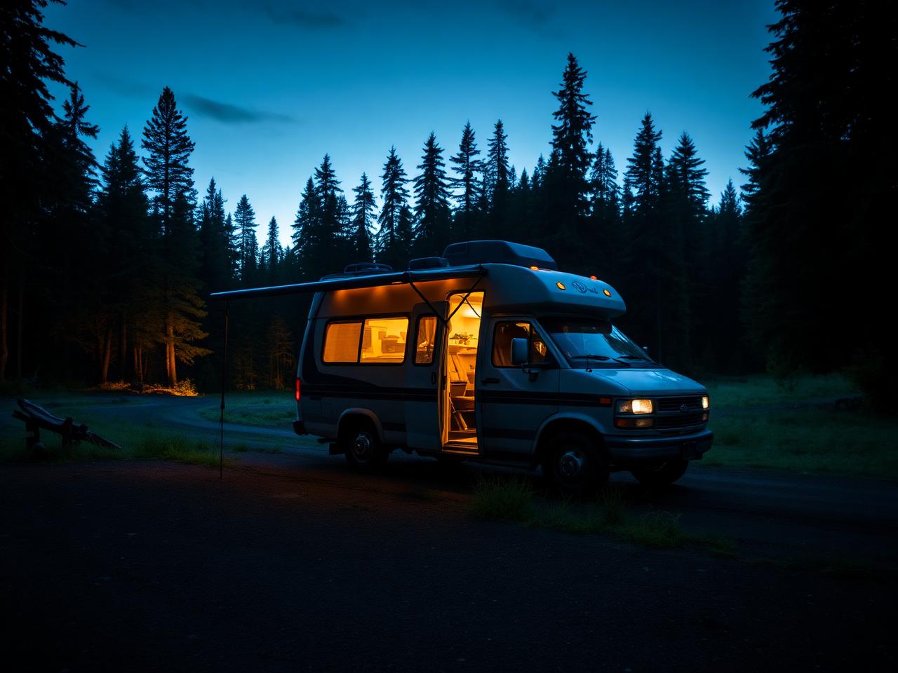 Camper van boondocking in Oregon forest